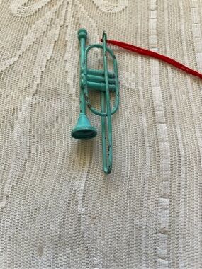 Vintage Distressed Turquoise Metal Trumpet Christmas Ornament